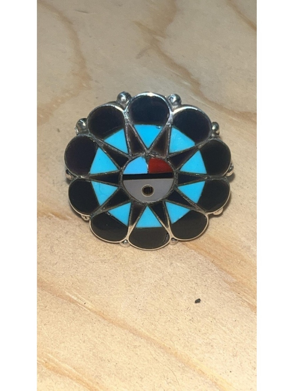 Zuni sterling silver turquoise onyx multi stone traditional inlay sunface ring